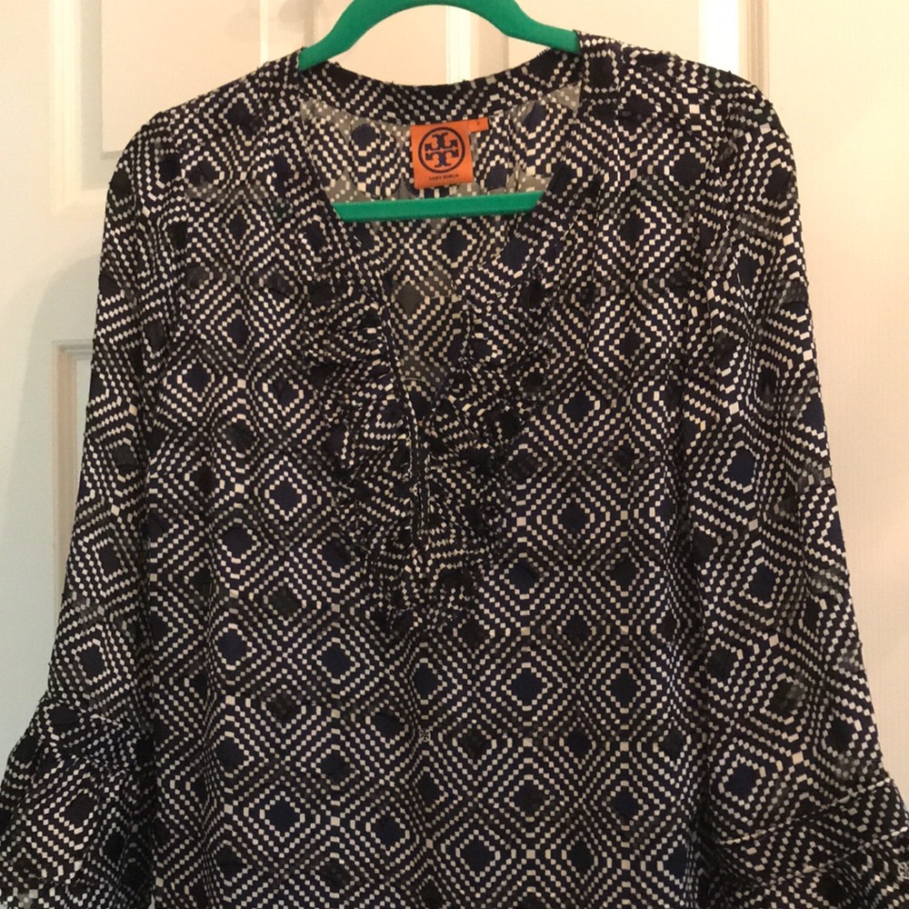 Tory Burch Ruffle Blouse Navy White Diamond Sheer Tunic Ruffle Blouse Shirt 8 - Picture 6 of 7